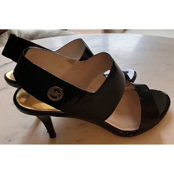 Michael Kors Shoes MK Rochelle Open Toe Black Paten Sling Back Heels  Sz 6M - Picture 1 of 8